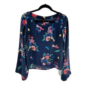 Women's Aqua Floral 3/4 Sleeve Semi Sheer Cropped Blouse Top Size S